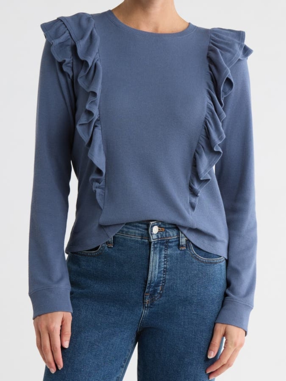 NWT Melrose and Market Vintage Blue Ruffle-Trim Long Sleeve Top